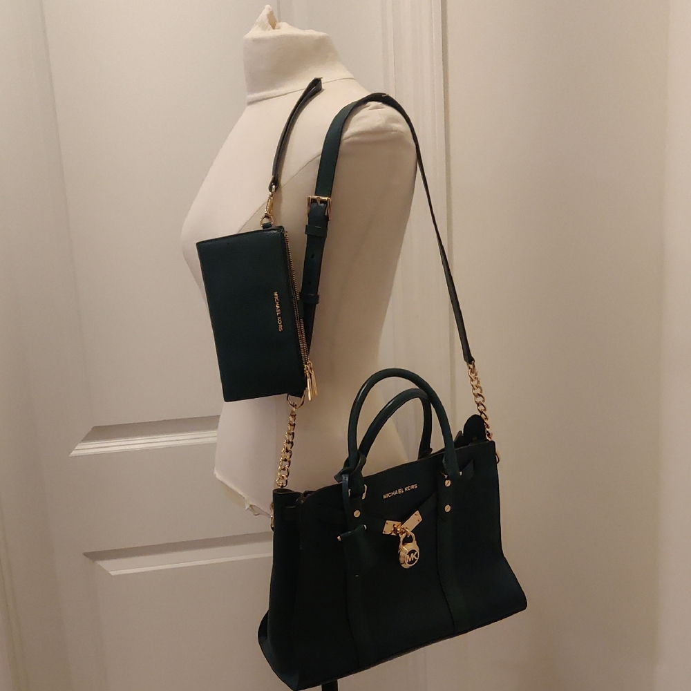 Michael Kors Hunter/Dark Green Nouveau Hamilton LargeShoulder Bag and Wallet Set